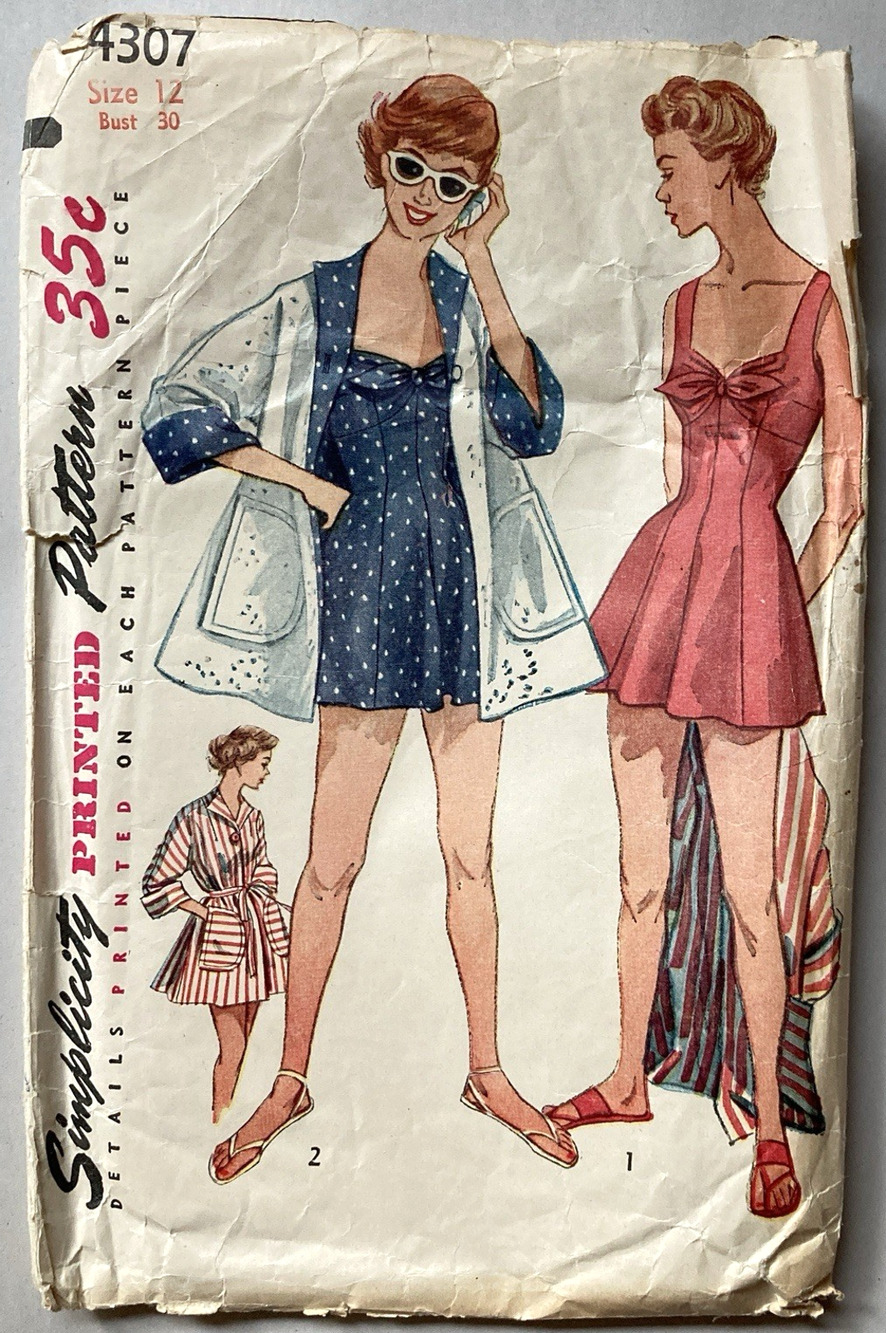 50s Simplicity 4307 Misses Skirted 1-pc Bathing Suit Beach Coat Sz 12 UNCUT NOS